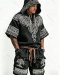 Men's Summer Viking Embroidered Hooded Top & Shorts Two-Piece Set 6653