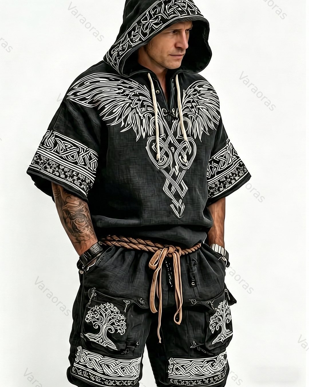 Men's Summer Viking Embroidered Hooded Top & Shorts Two-Piece Set 6653