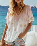 Women's Outdoor Elegant Star and Moon Embroidered Linen Blend Top & Shorts Two-Piece Set  7204