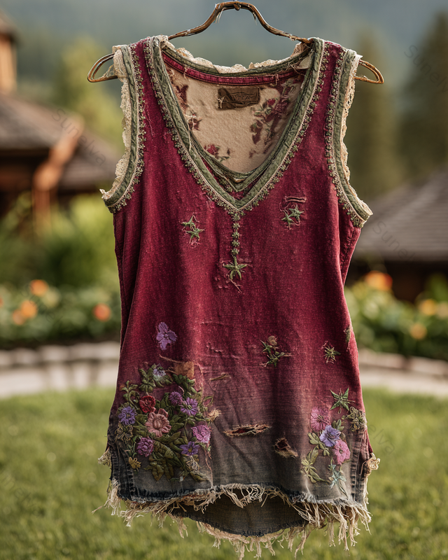 Spring/Summer Bohemian Style Color-Blocked Denim Linen Top2105