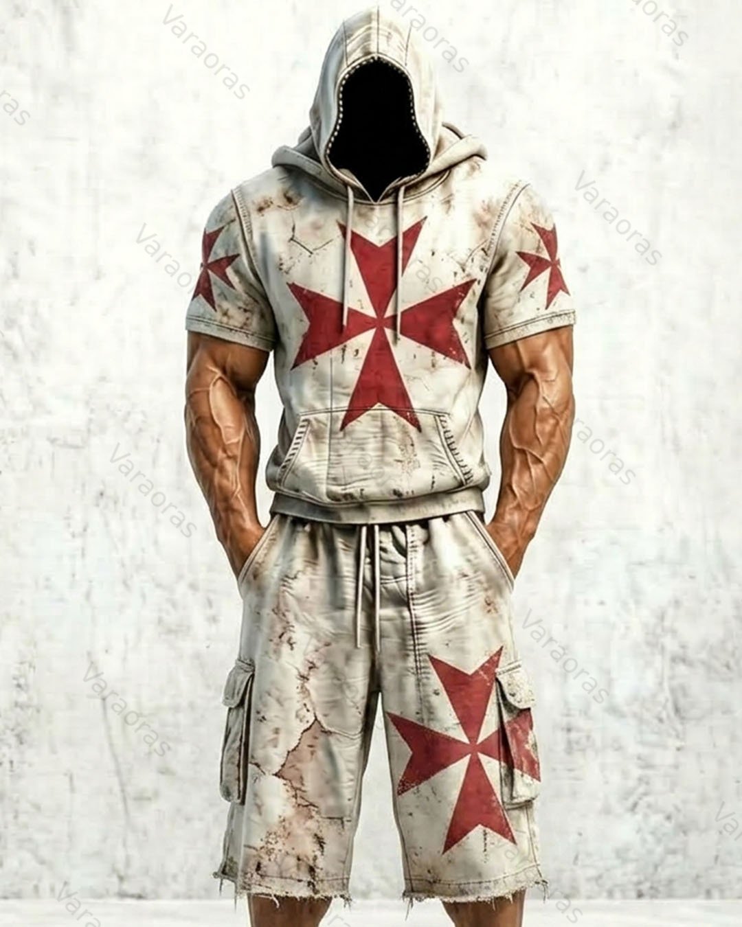 Men's Color-Blocked Cultural Cross Embroidered Distressed Hoodie and Pants Two-Piece Set 3453