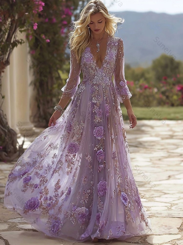Glitter Boho Purple Roses Embroidered Flowy Maxi Dress dc14
