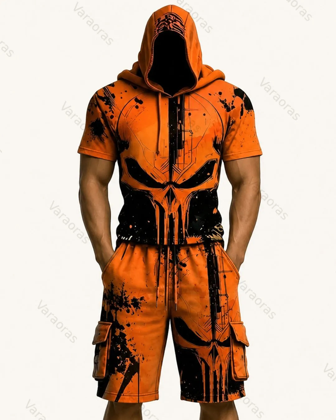 Men's Color-Block Skull-Embroidered Hoodie & Pants Two-Piece Set 8894
