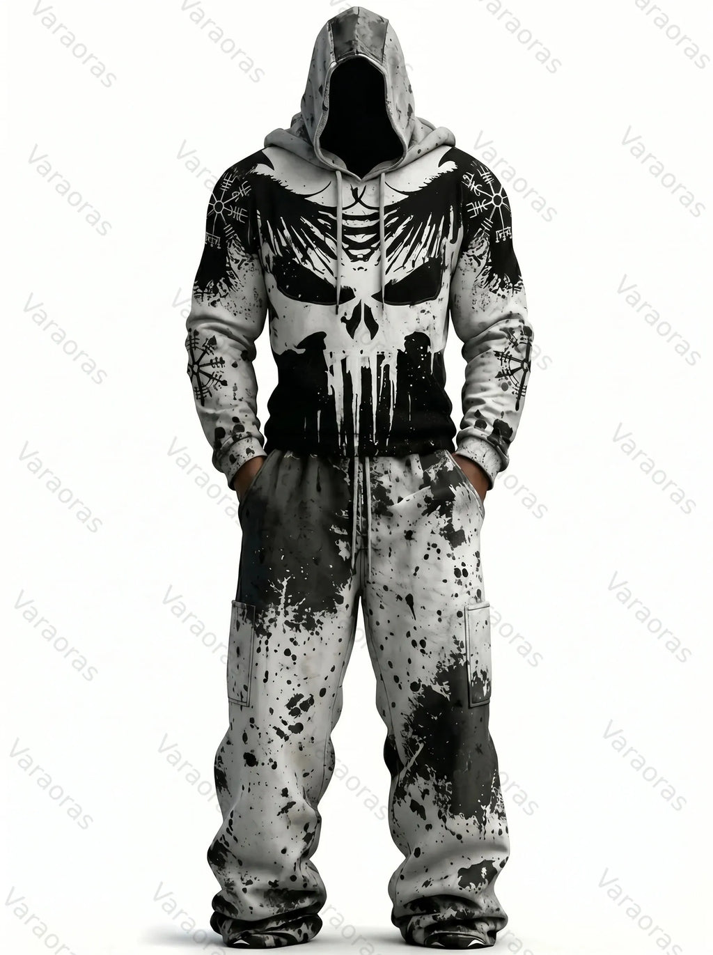 Men's Fashion Viking Contrast Color Embroidered Hoodie & Pants Two-Piece Set 4050