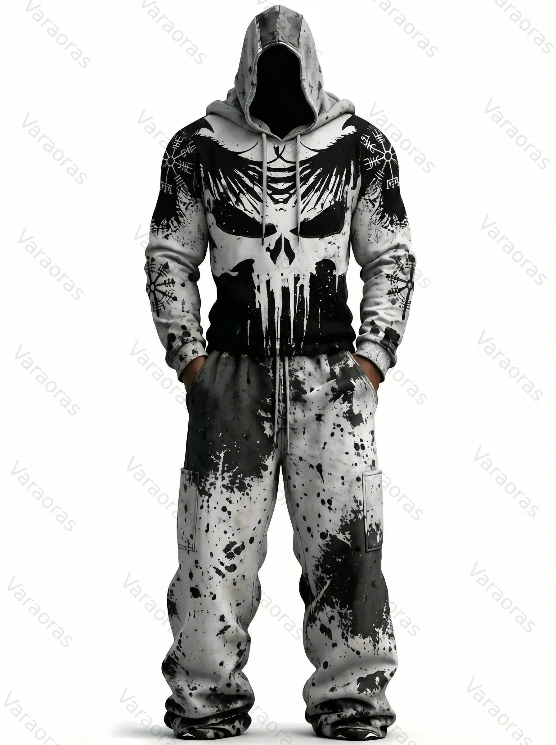 Men's Fashion Viking Contrast Color Embroidered Hoodie & Pants Two-Piece Set 4050