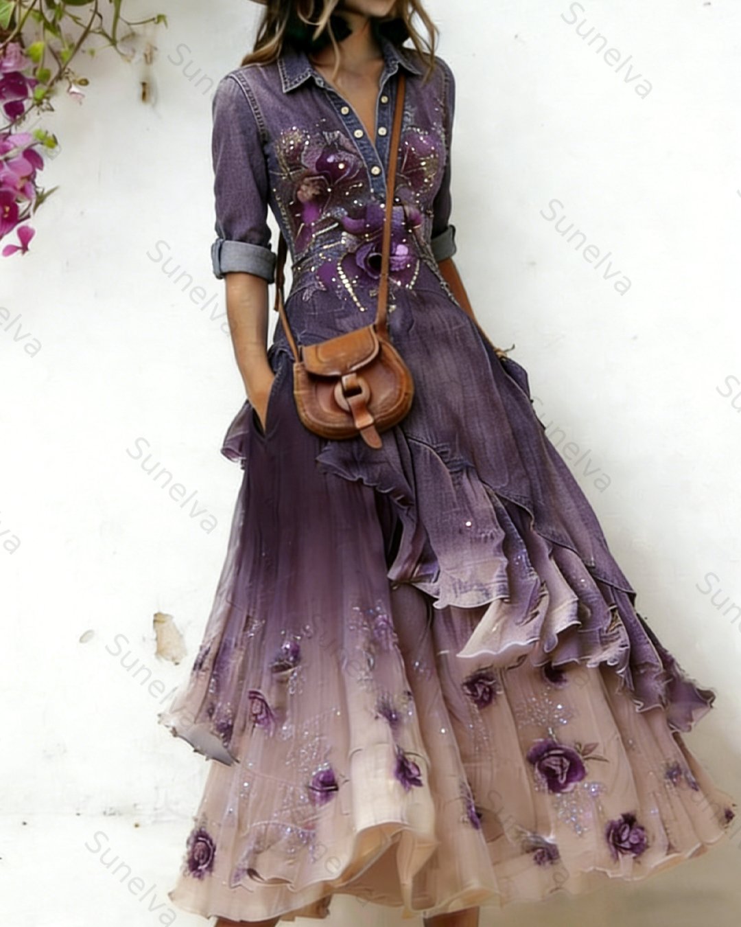 Women's elegant floral embroidered irregular ruffled linen patchwork dress 6997
