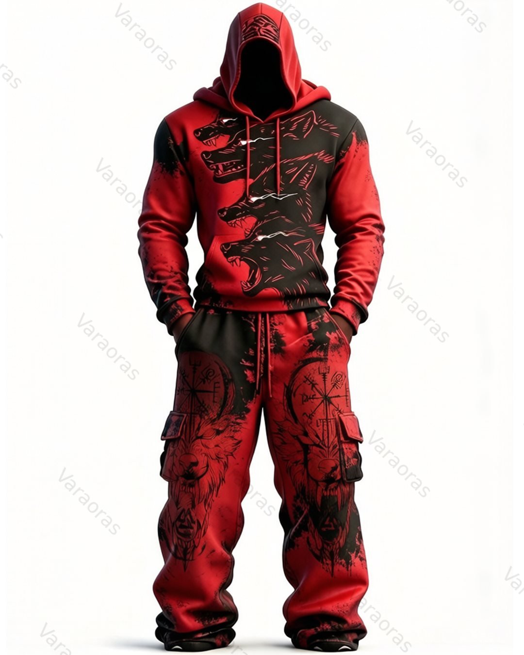 Men's Fashion Viking Contrast Color Wolf Embroidered Hoodie & Pants Two-Piece Set 7264