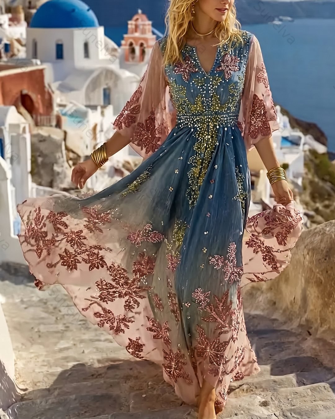 Women's Vacation Flowers Embroidery Linen Patchwork Dress 2975