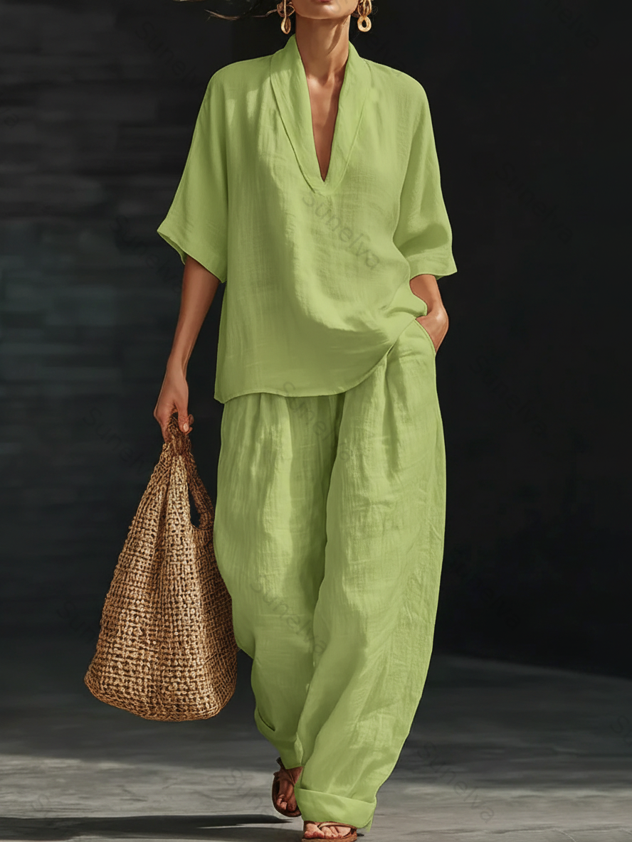 Casual And Cozy Minimalist Linen Two-piece Set 8539