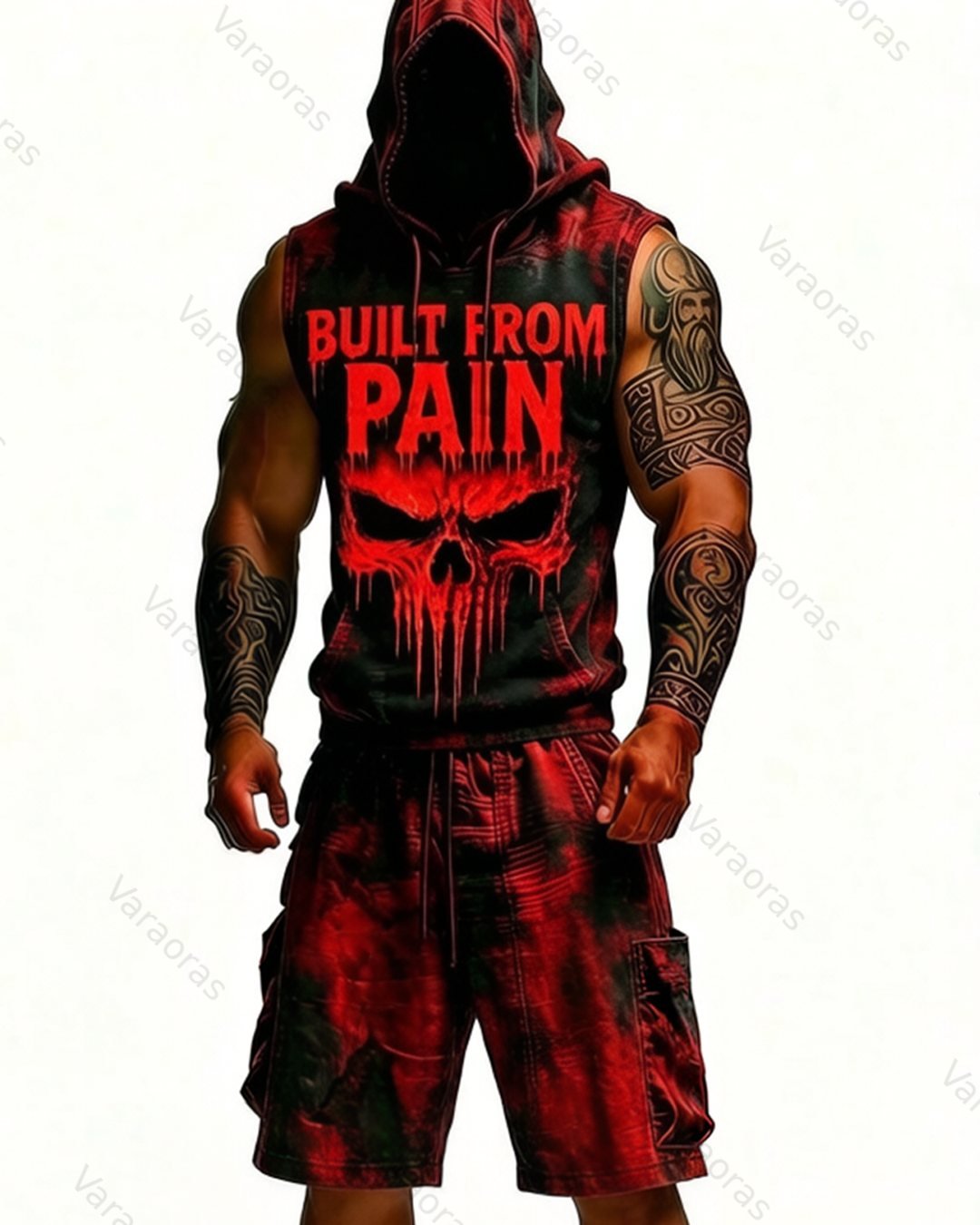 Men's Fashion Skull Embroidered Hooded Sleeveless Top and Pants Two-Piece Set 5981