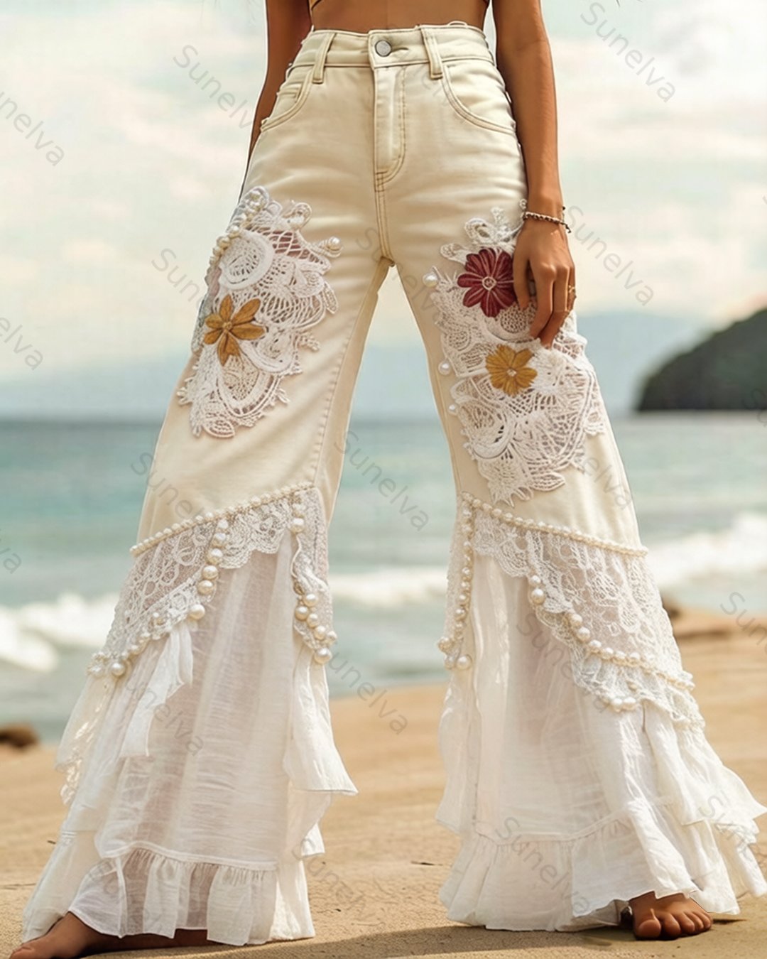 Summer vacation handmade floral embroidered denim patchwork linen pants 4074