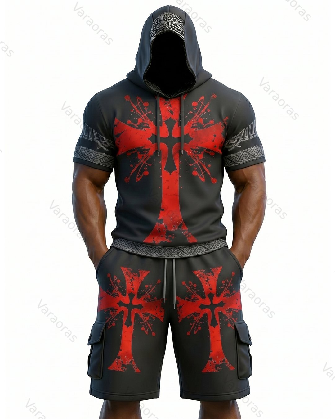 Men's Viking Contrast Color Cross Embroidered Short-Sleeve Hoodie & Shorts Two-Piece Set 1765
