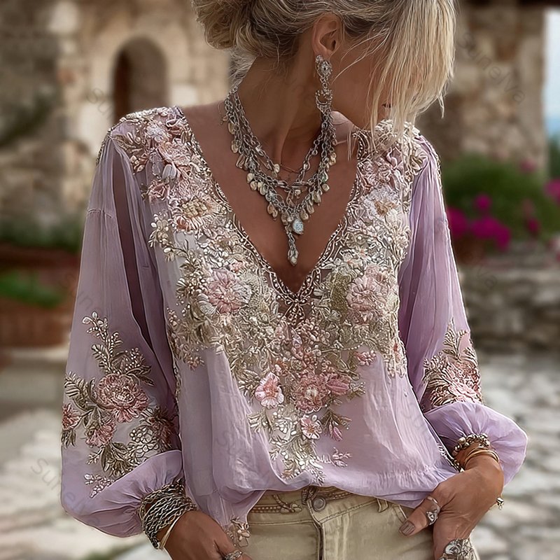 Women's Vintage Pink Floral Embroidered Art Pattern V-neck Long Sleeve Blouse 9989