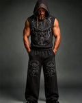 Men's Summer Fashion Viking Embroidered Cotton Linen Hooded Top and Pants Two-Piece Set 7042