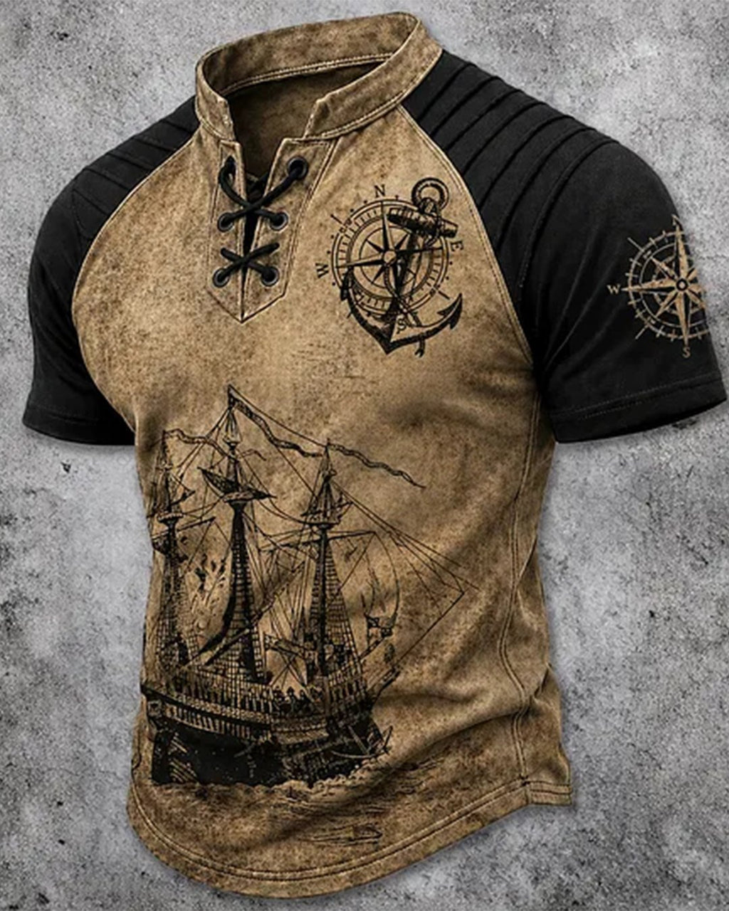 Men's Vintage Distressed Short-Sleeve Henley T-Shirt with Viking Pirate Print 5622