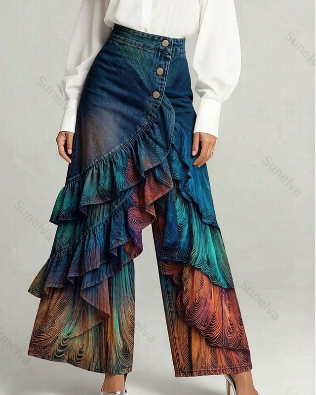 Women's Summer Elegant Peacock Feather Embroidered Ruffled Patchwork Gradient Denim Jeans  1000