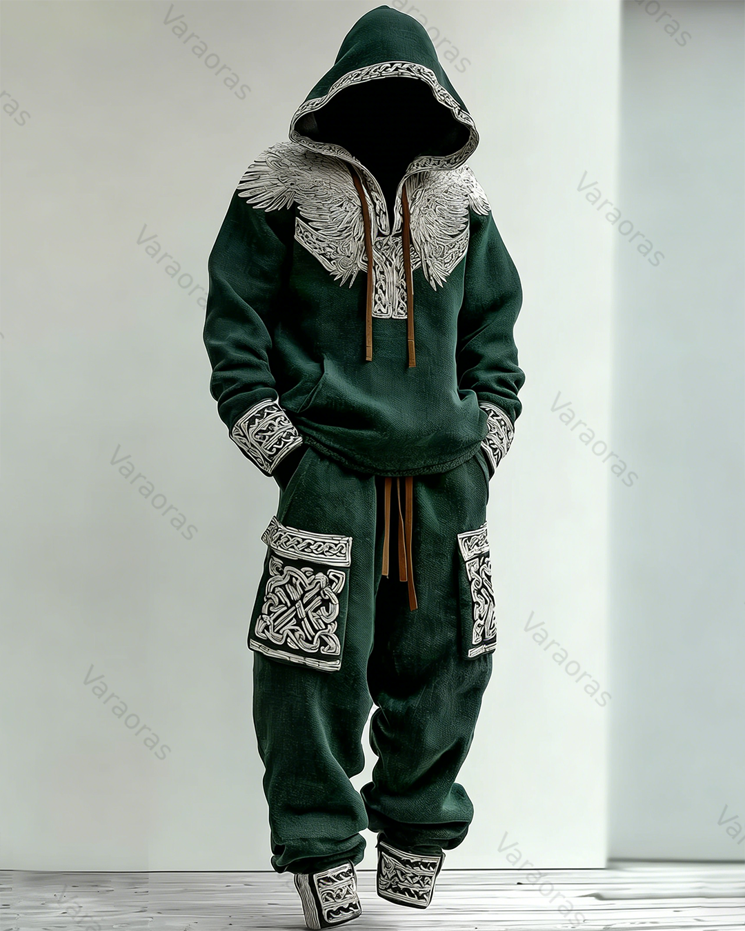 Men's Fashion Viking Linen Hoodie and Pants Two-Piece Set 2951