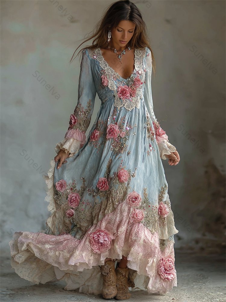 Boho Cottagecore Pink Roses Lace Layered Linen Maxi Dress 073d