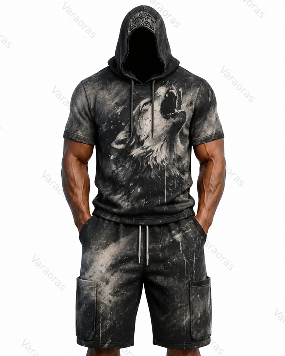 Men's Fashion Gradient Wolf Embroidered Hoodie & Pants Two-Piece Set 9901