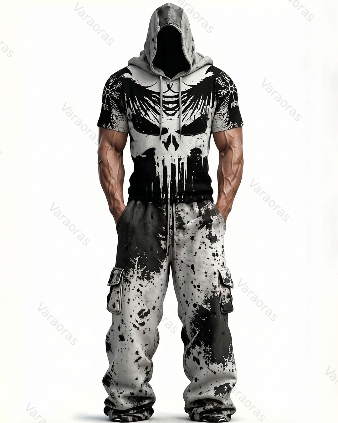 Men's Fashion Viking Contrast Color Embroidered Hoodie & Pants Two-Piece Set 4050