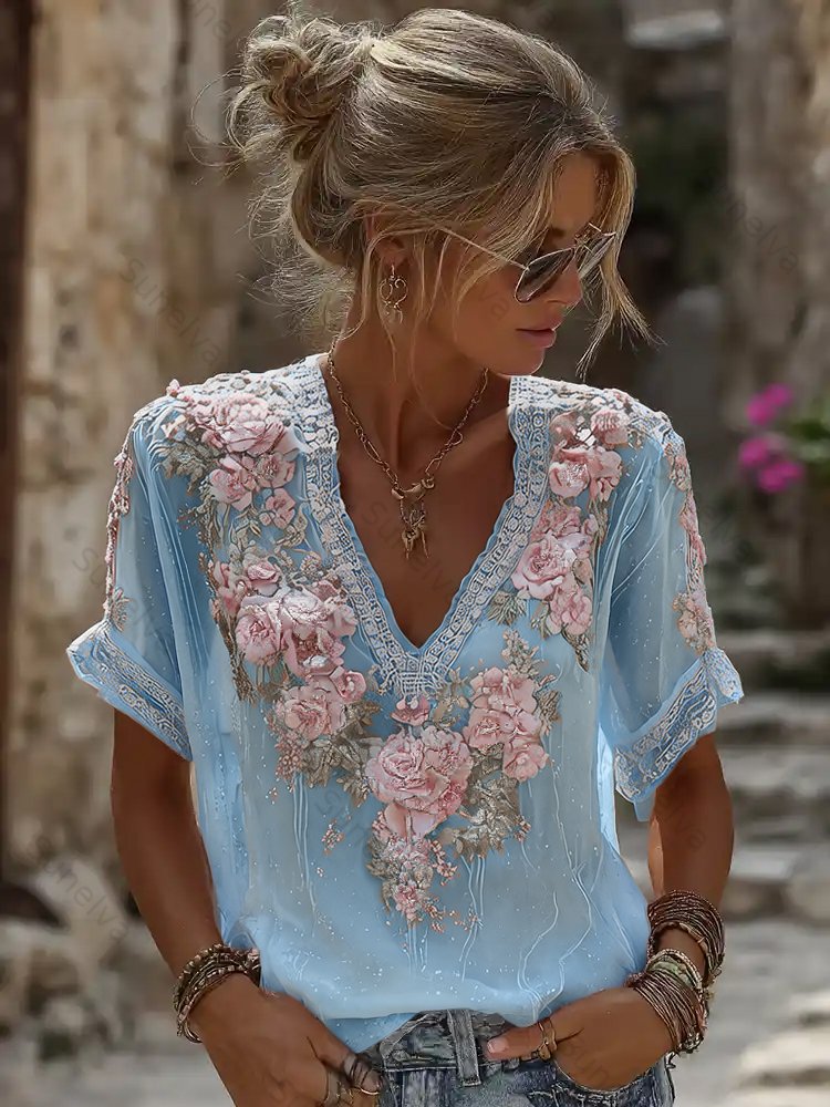 Women's Vintage Resort Embroidered Floral V-neck T-shirt 4972