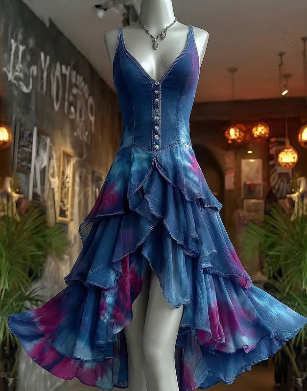 Women's Summer Boho-Chic Asymmetrical Ruffled Tie-Dye Dress 8475