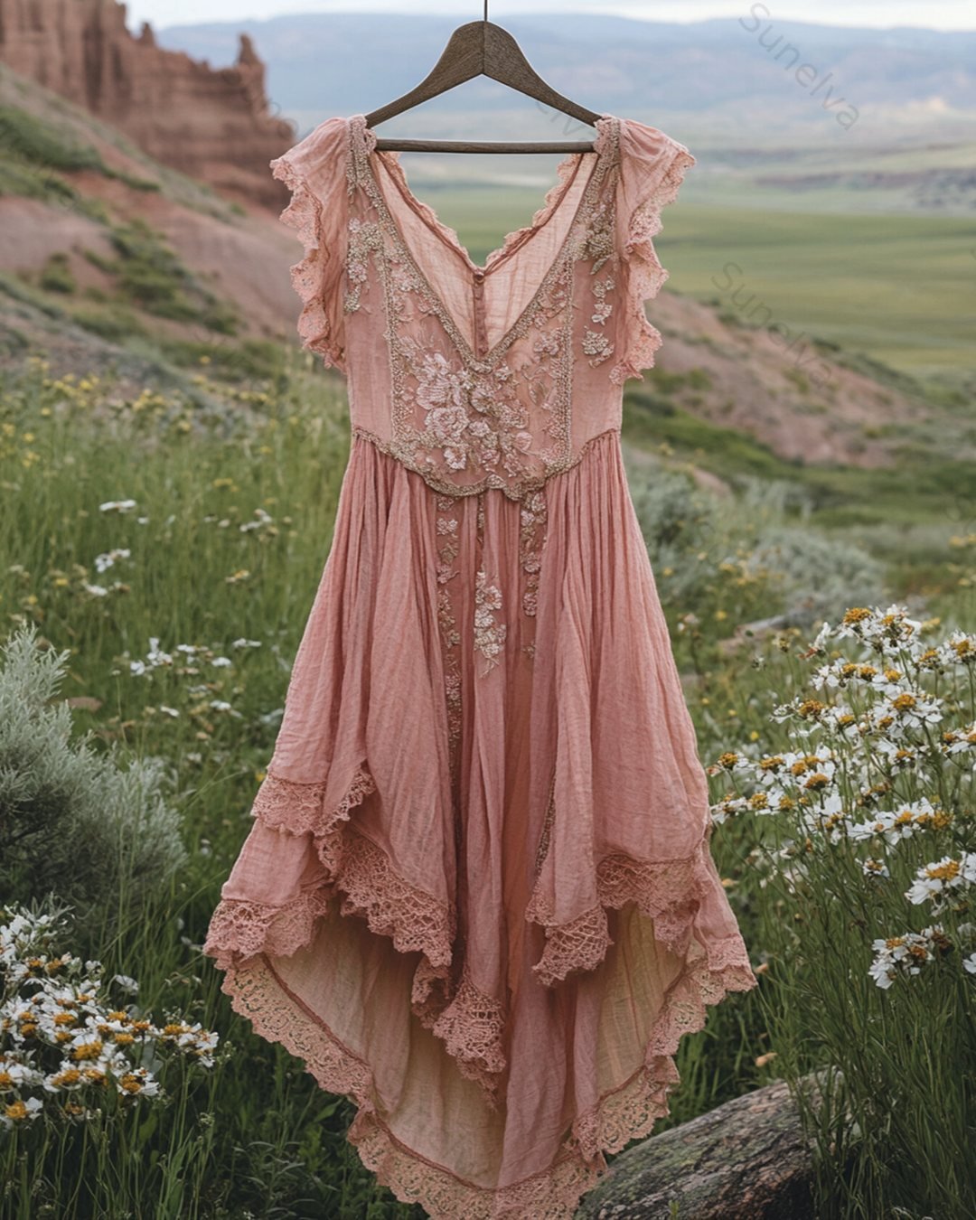 Women's Summer Floral Embroidered Patchwork Linen Dress 5133