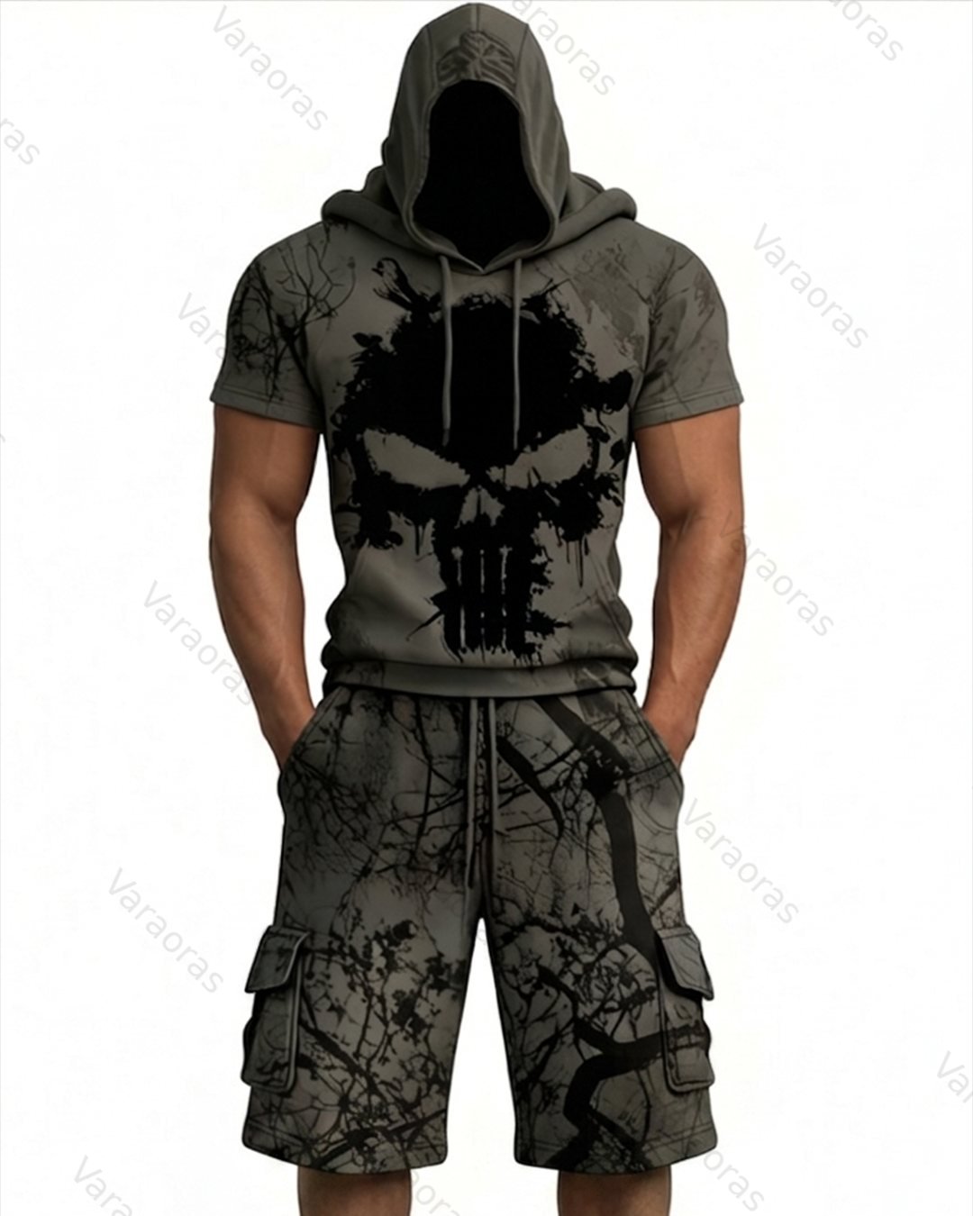 Men's Color-Block Skull-Embroidered Hoodie & Pants Two-Piece Set 3411